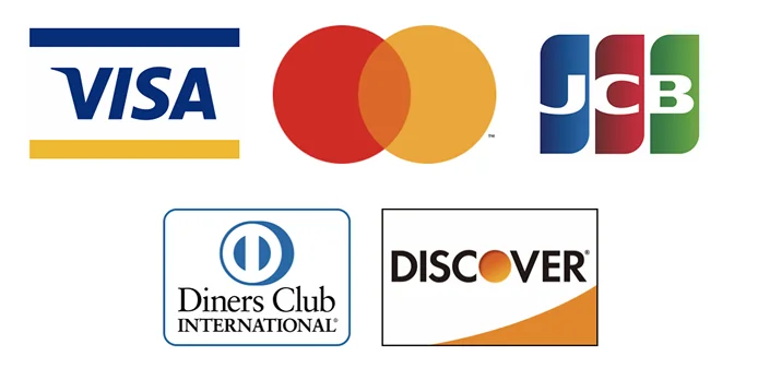 VISA, Mastercard, JCB, Diners Club, DISCOVER
